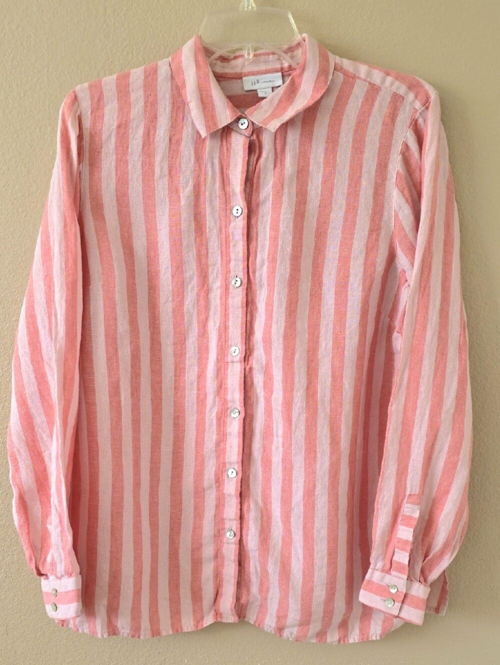 J. Jill Love Linen Womens Pink Striped Button Front Shirt - Size Medium